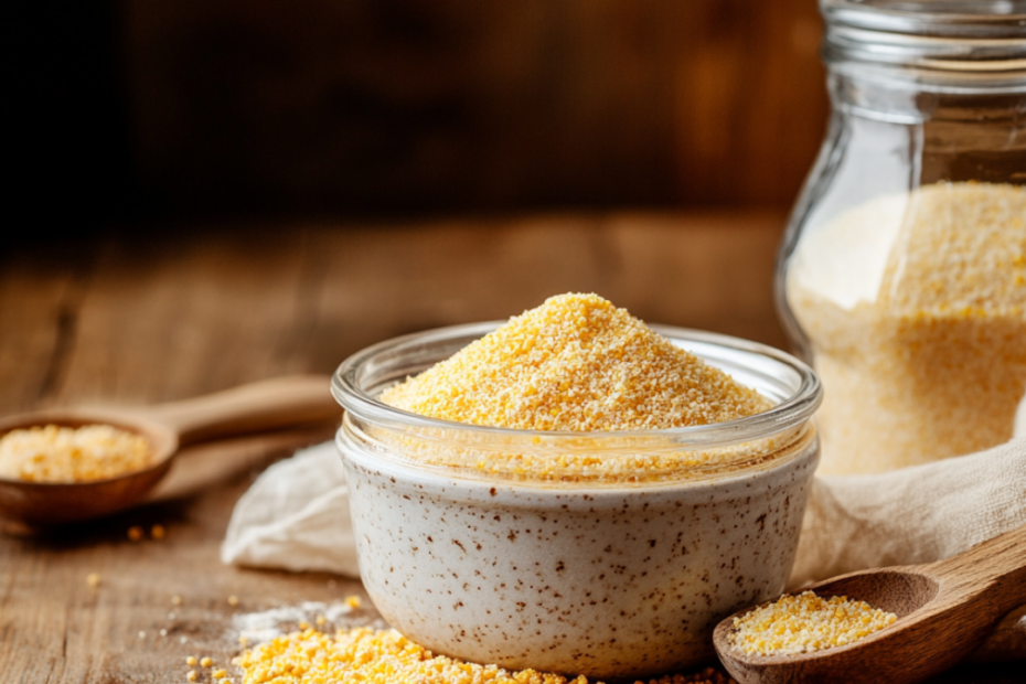 Goldgelber Maisgrieß in einer rustikalen Schale, daneben ein Holzlöffel mit feiner Polenta.