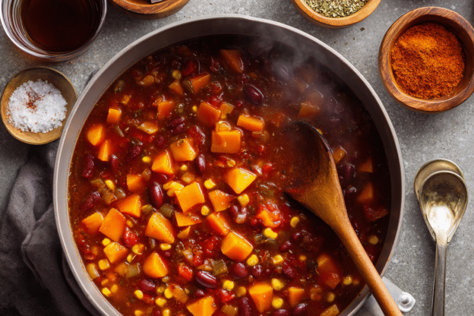 Veganes Chili con Kürbis in einem Topf mit HOlzlöffel