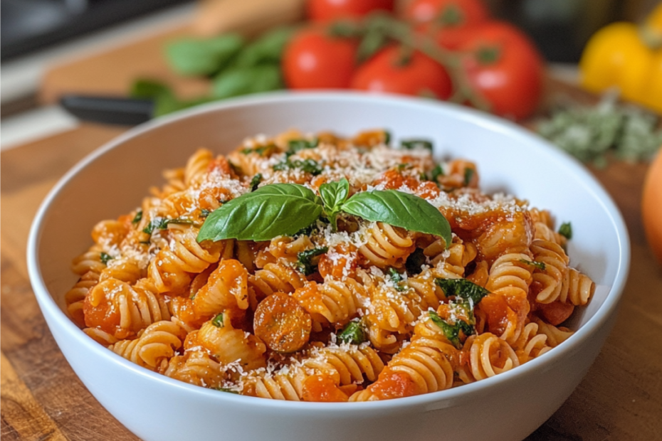 Schnell & gesund: Vollkorn-Nudeln mit Tomatensauce und Gemüse