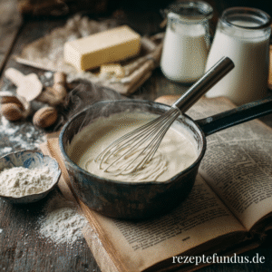 Cremige Béchamelsauce in einem kleinen Topf mit Schneebesen angerührt, klassische Grundsauce für Lasagne und Gratins.