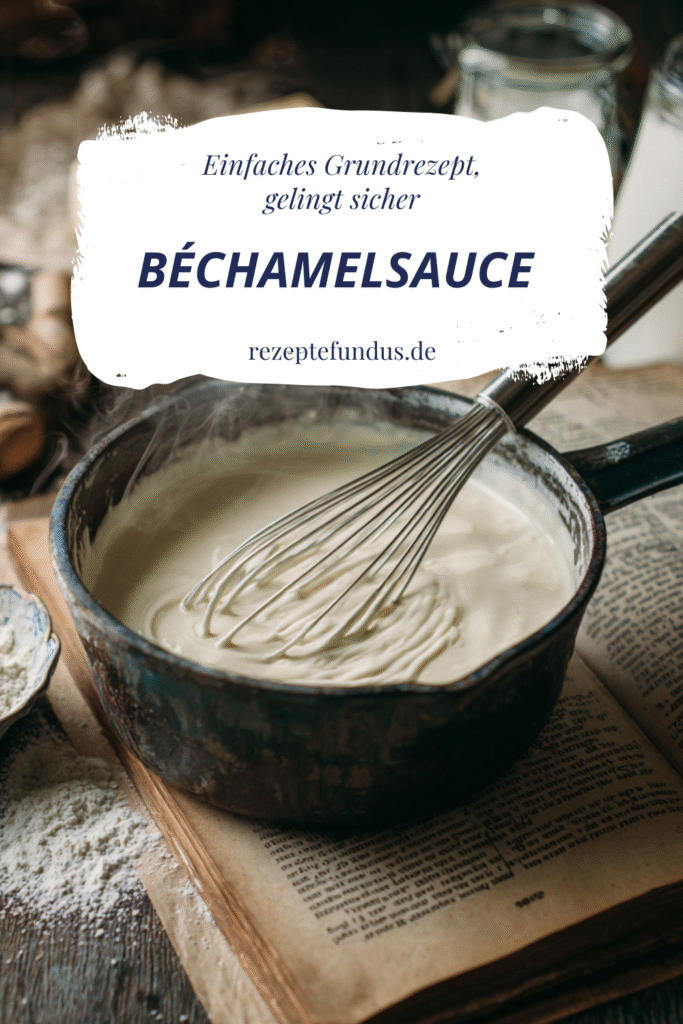 Weiße Béchamelsauce in einer Schüssel, mit Muskat gewürzt und umgeben von Butter, Milch und Mehl als Grundzutaten.