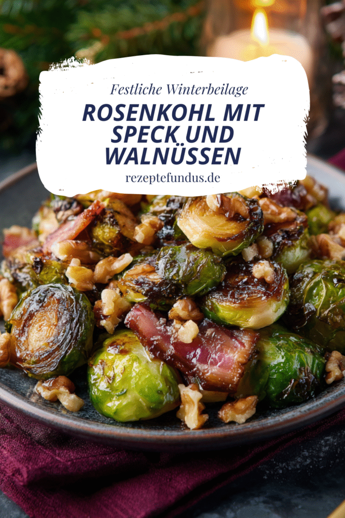 Rosenkohl mit Speck und Walnüssen 3 Detailaufnahme von geschmortem Rosenkohl mit Speckwürfeln und Walnüssen, glänzend glasierte Oberfläche