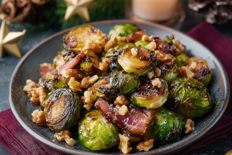 Rosenkohl mit knusprigem Speck und Walnüssen in rustikaler Schale, Draufsicht auf geschmücktem Tisch