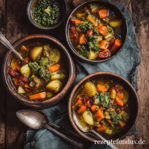 Gemüseeintopf mit Pesto - Gesundes Soulfood für den Alltag 1 Herzhaftes Gemüsegericht mit Pesto, frischen Kräutern und Tomaten, serviert als wärmender Eintopf.