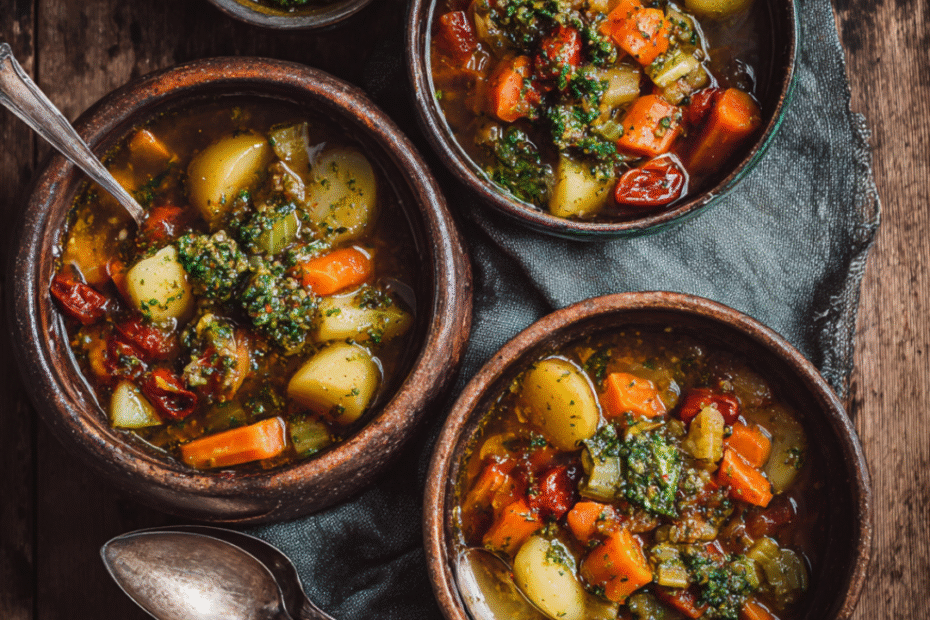 Herzhaftes Gemüsegericht mit Pesto, frischen Kräutern und Tomaten, serviert als wärmender Eintopf.