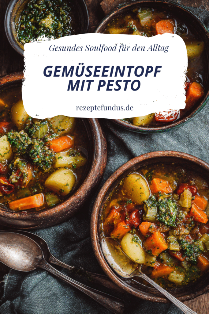 Gemüseeintopf mit Pesto - Gesundes Soulfood für den Alltag 3 Bunter Gemüseeintopf mit Kartoffeln, Karotten und Pesto in einer Schüssel serviert, gesunde vegetarische Winterküche.