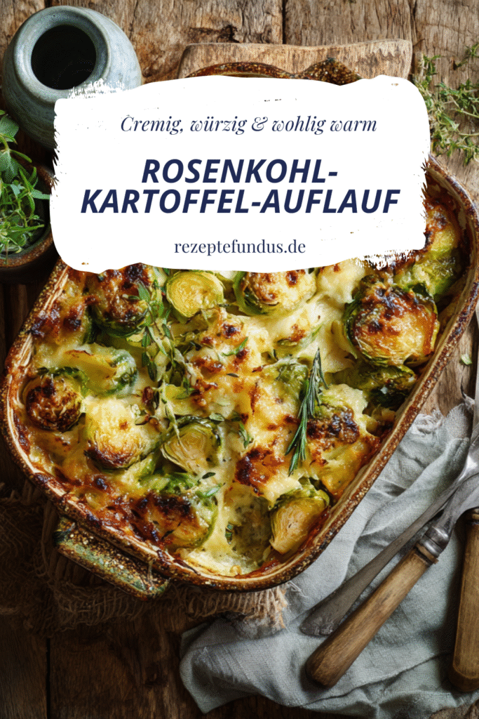Rosenkohl-Kartoffel-Auflauf 3 Überbackener Rosenkohl-Kartoffel-Auflauf mit goldbrauner Käsekruste in einer Auflaufform, Draufsicht auf Holztisch