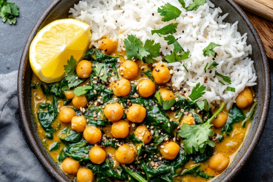 Cremiges Spinatcurry mit Kichererbsen in einer Schüssel, serviert mit Basmatireis, Zitronenscheiben und frischen Kräutern – indisch inspiriertes Soulfood.