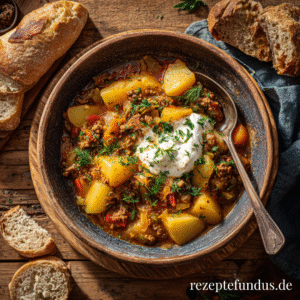 Herzhaftes Bauerntopf-Rezept mit Kartoffeln, Hackfleisch und Paprika in würziger Tomatensauce, serviert als deftiger Eintopf.