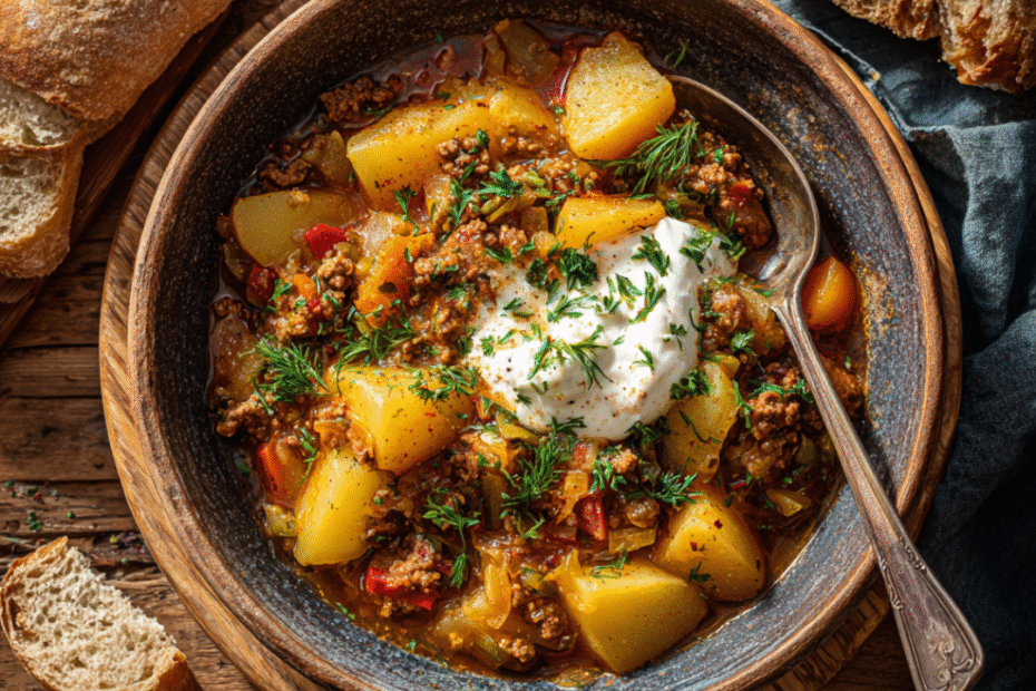 Herzhaftes Bauerntopf-Rezept mit Kartoffeln, Hackfleisch und Paprika in würziger Tomatensauce, serviert als deftiger Eintopf.
