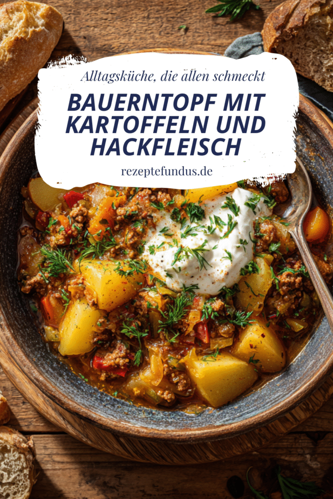 Bauerntopf mit Kartoffeln und Hackfleisch in einer rustikalen Schüssel serviert, mit Sauerrahm und frischen Kräutern garniert.