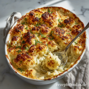 Einfaches Blumenkohlgratin mit goldbrauner Käseschicht in einer Auflaufform, cremige Béchamelsauce darunter, vegetarisches Ofengericht.