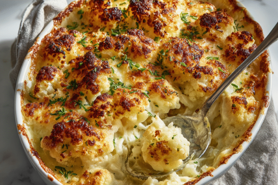 Einfaches Blumenkohlgratin mit goldbrauner Käseschicht in einer Auflaufform, cremige Béchamelsauce darunter, vegetarisches Ofengericht.