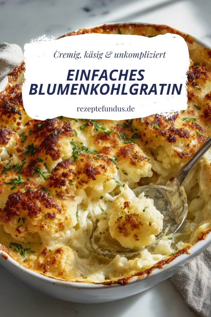 Blumenkohlgratin frisch aus dem Ofen, überbacken mit Käse, serviert als cremiges vegetarisches Hauptgericht oder Beilage.
