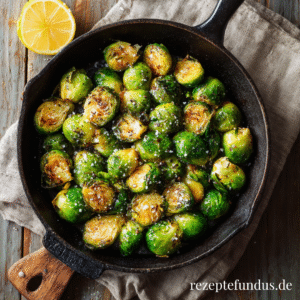 Gebratener Rosenkohl - einfache Beilage 1 Gebratener Rosenkohl in einer gusseisernen Pfanne mit goldbraunen Röststellen, Draufsicht auf Pfanne auf Brett