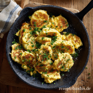 Traditionelles Restegericht: in der Pfanne gebratene Semmelknödel mit Ei, knusprig, herzhaft und mit frischer Petersilie garniert.