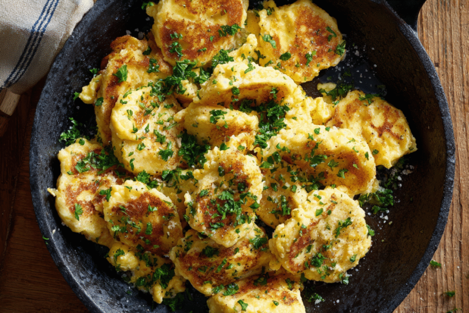 Traditionelles Restegericht: in der Pfanne gebratene Semmelknödel mit Ei, knusprig, herzhaft und mit frischer Petersilie garniert.