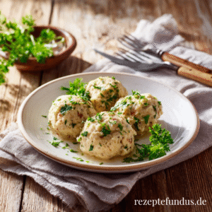 Semmelknödel auf einem Teller angerichtet, garniert mit frischer Petersilie – gesunde Beilage aus dem Dampfgarer.