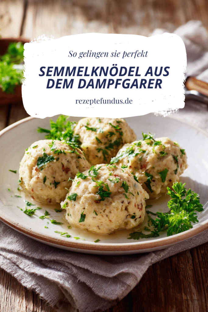 Semmelknödel aus dem Dampfgarer 3 Locker-zarte Semmelknödel serviert auf weißem Teller, perfekt für die gesunde Wohlfühlküche.