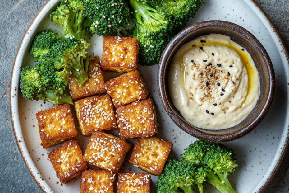 Blutzuckerfreundlicher Genuss: Sesam-Tofu mit cremigem Dip