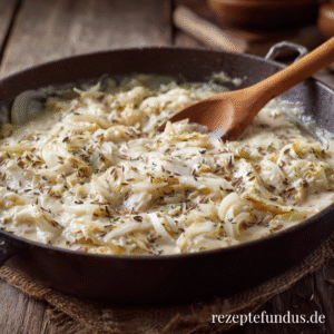 Spitzkohlgemüse mit Kümmel und Sahne, cremig und mild, angerichtet mit Kartoffeln als klassische Hausmannskost.