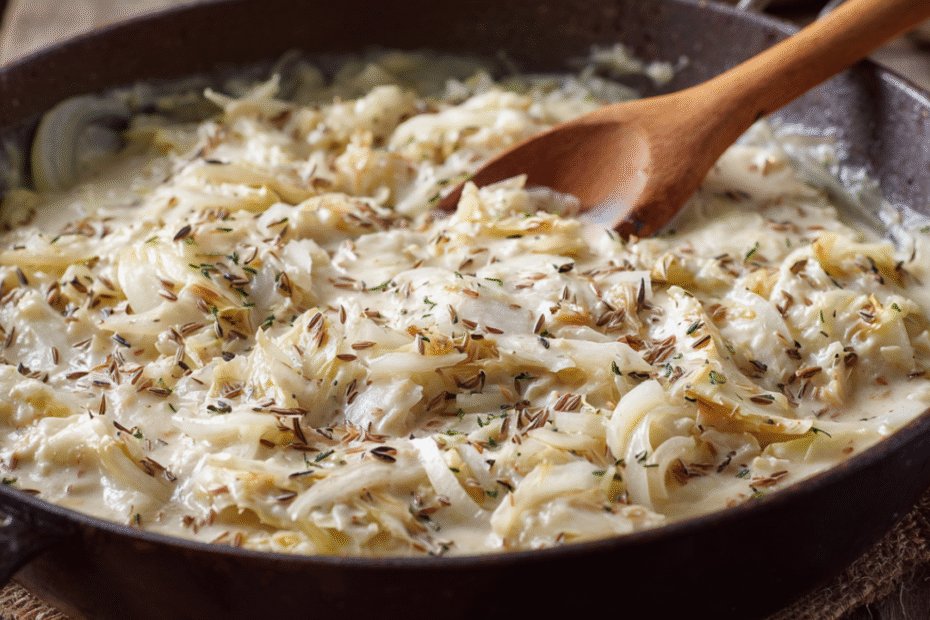 Spitzkohlgemüse mit Kümmel und Sahne, cremig und mild, angerichtet mit Kartoffeln als klassische Hausmannskost.