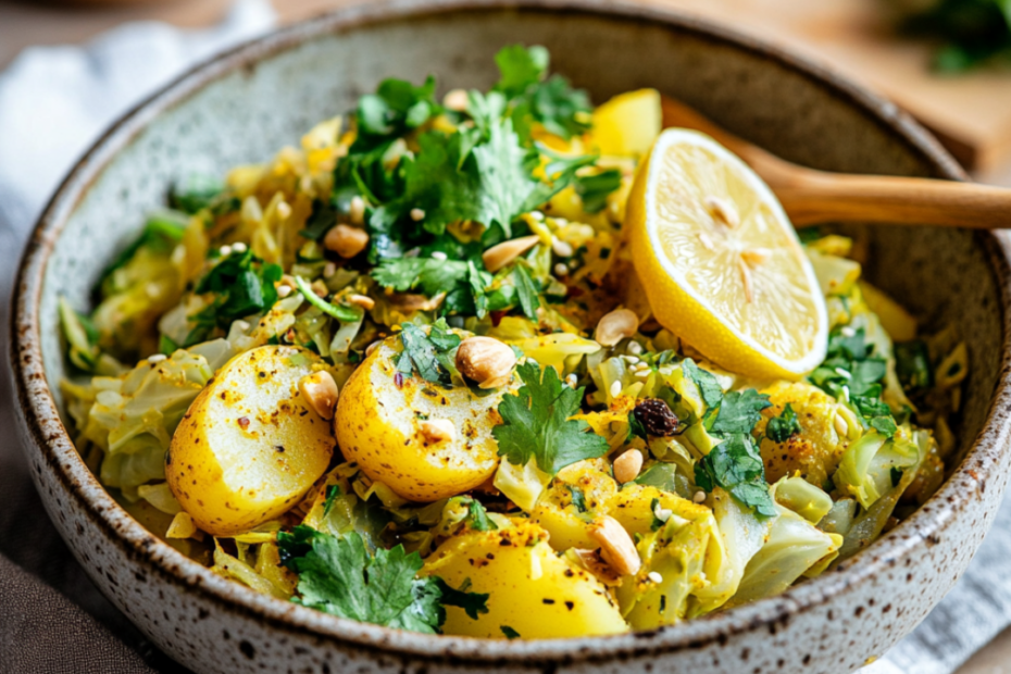 Wirsing-Kartoffel-Curry mit cremiger Sauce und Rosinen, serviert in rustikaler Schale mit Kräutern und Zitronenschnitz