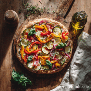 Knusprige Dinkelpizza mit Sauerteig auf Holzbrett, dünner Boden mit goldbraunem Rand, gesunder Pizzateig aus Dinkelmehl, ideal für die ganze Familie