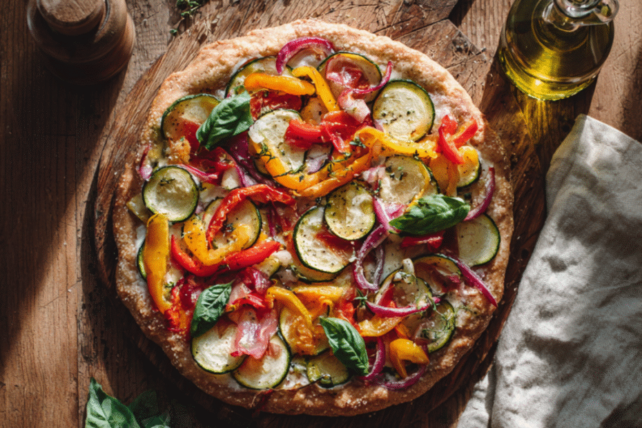 Knusprige Dinkelpizza mit Sauerteig auf Holzbrett, dünner Boden mit goldbraunem Rand, gesunder Pizzateig aus Dinkelmehl, ideal für die ganze Familie