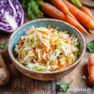Frischer Weißkrautsalat mit Karotten, fein gehobelt und mit leichtem Dressing serviert, gesunder veganer Rohkostsalat als Beilage.