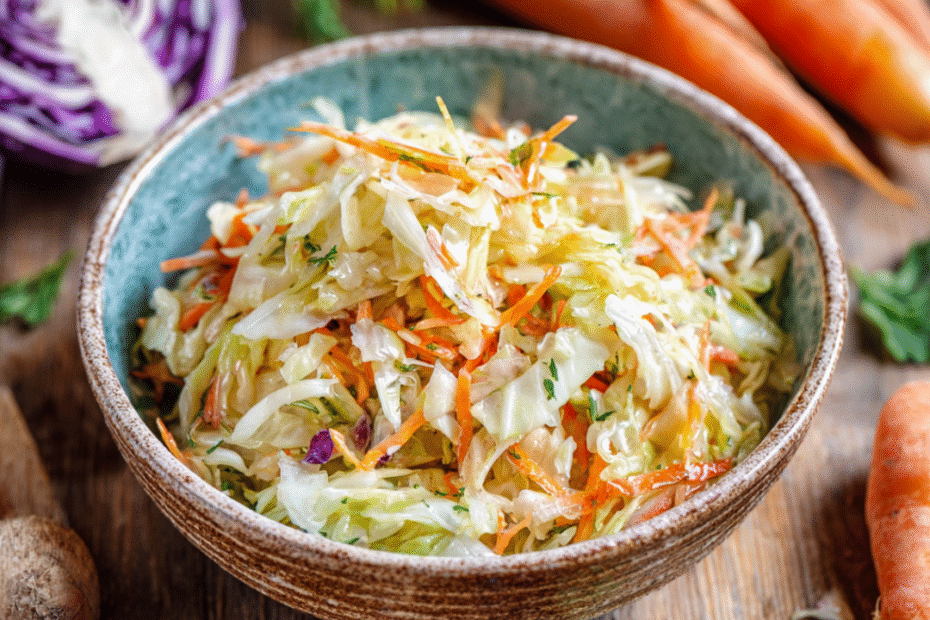 Frischer Weißkrautsalat mit Karotten, fein gehobelt und mit leichtem Dressing serviert, gesunder veganer Rohkostsalat als Beilage.