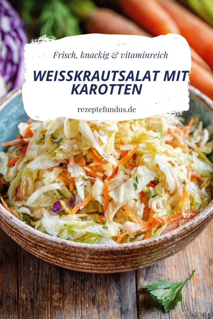 Knackiger Weißkraut-Karotten-Salat in einer Schüssel, mit Essig-Öl-Dressing verfeinert, vitaminreich, ballaststoffreich und vegan.