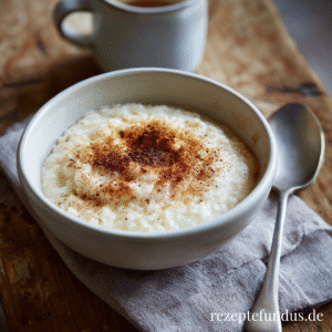 Cremiger Milchreis in einer Schüssel, mit Zimt bestäubt und einer Butterflocke garniert