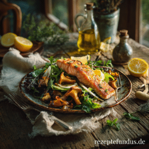 Herbstlicher Salat mit gebratenen Pfifferlingen und Ofenlachs 1 Stylisches Foodfoto eines Herbstsalats mit Ofenlachs und goldgelben Pfifferlingen, angerichtet auf rustikalem Teller mit Zitronenscheiben und frischem Dressing – gesunde Alltagsküche ohne Verzicht, proteinreich und aromatisch.