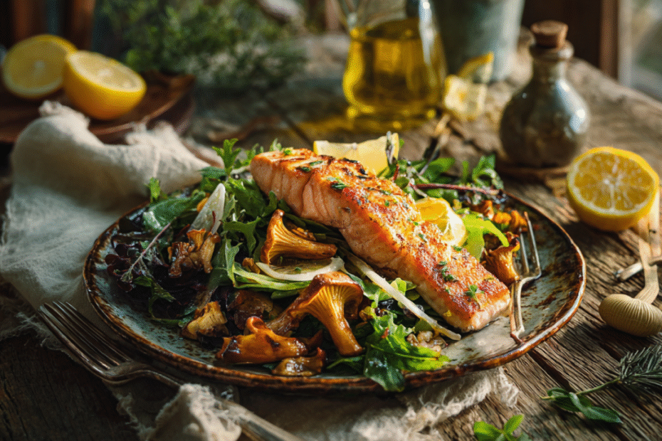 Stylisches Foodfoto eines Herbstsalats mit Ofenlachs und goldgelben Pfifferlingen, angerichtet auf rustikalem Teller mit Zitronenscheiben und frischem Dressing – gesunde Alltagsküche ohne Verzicht, proteinreich und aromatisch.