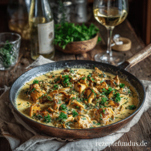 Pfifferling-Rahm-Sauce 1 Cremige Pfifferling-Rahm-Sauce in einer Pfanne, goldgelbe gebratene Pfifferlinge mit frischer Petersilie – herbstliches Soulfood, gesunde Wohlfühlküche für Pasta, Fleisch oder Kartoffeln.