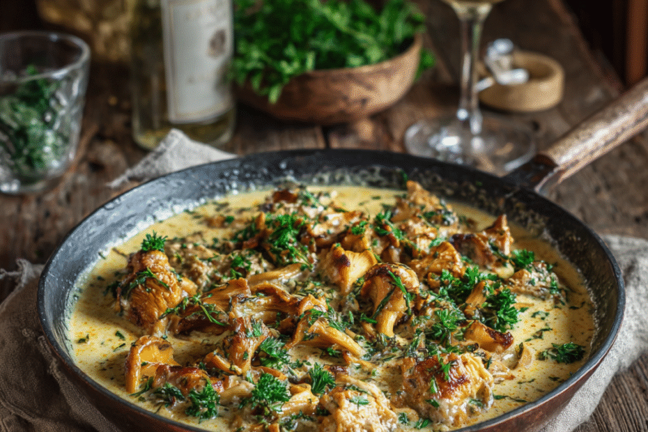 Cremige Pfifferling-Rahm-Sauce in einer Pfanne, goldgelbe gebratene Pfifferlinge mit frischer Petersilie – herbstliches Soulfood, gesunde Wohlfühlküche für Pasta, Fleisch oder Kartoffeln.