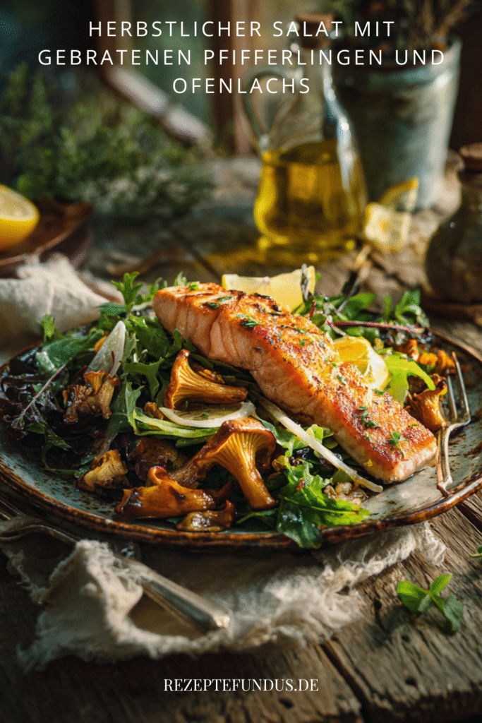 Herbstlicher Salat mit gebratenen Pfifferlingen und Ofenlachs 5 Herbstlicher Salat mit gebratenen Pfifferlingen, frischem Blattsalat und saftigem Ofenlachs – leichtes, proteinreiches und blutzuckerfreundliches Rezept für gesunde Wohlfühlküche.