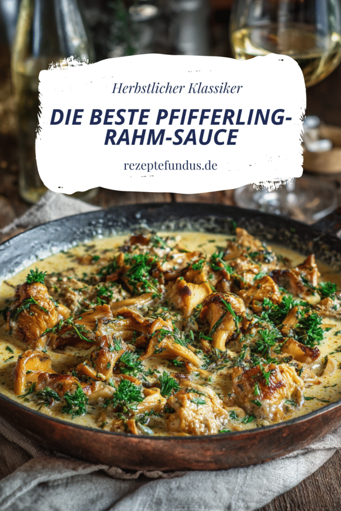 Pfifferling-Rahm-Sauce 5 Magazin-Style Foodfoto einer cremigen Pfifferling-Rahm-Sauce mit goldbraun gebratenen Pfifferlingen, serviert auf rustikalem Holztisch mit Kräutern und Weißwein – gesunde Rezepte ohne Verzicht für den Herbst.