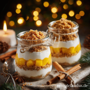 Spekulatius-Skyr-Dessert – cremig, fruchtig & weihnachtlich 1 Nahaufnahme eines festlichen Desserts mit Spekulatiuskeksen, Skyr und Mango, serviert in Gläsern.