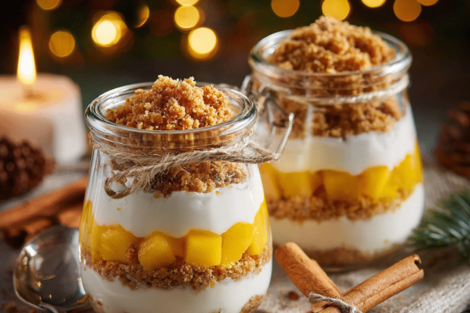 Nahaufnahme eines festlichen Desserts mit Spekulatiuskeksen, Skyr und Mango, serviert in Gläsern.