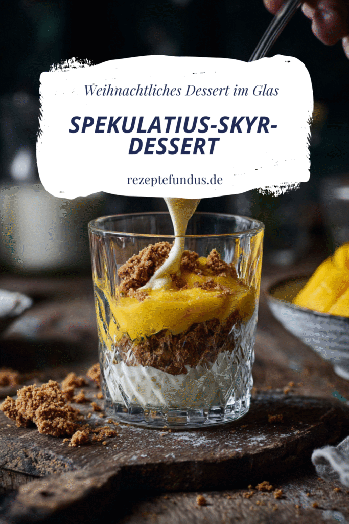 Spekulatius-Skyr-Dessert – cremig, fruchtig & weihnachtlich 3 Spekulatius-Skyr-Dessert im Glas, geschichtet mit Kekskrümeln, Skyr-Creme und Mangopüree, weihnachtlich dekoriert