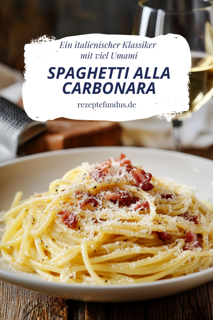 Nahaufnahme von Spaghetti alla Carbonara – Perfekt al dente gekochte Spaghetti mit einer seidigen, goldenen Sauce, bestreut mit geriebenem Parmesan und schwarzem Pfeffer. Der knusprige Speck verleiht dem Gericht eine herzhafte Note.