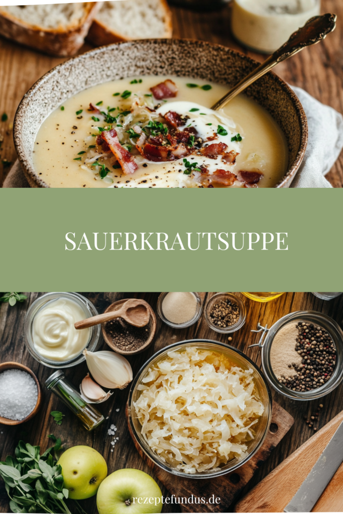 Cremige Sauerkrautsuppe mit frischen Kräutern serviert in einer rustikalen Schale auf Holztisch