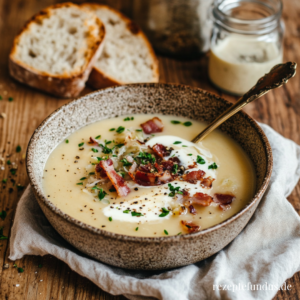 Fein pürierte Sauerkrautsuppe mit Sahnehaube und Speckwürfeln als herzhafte Wintermahlzeit
