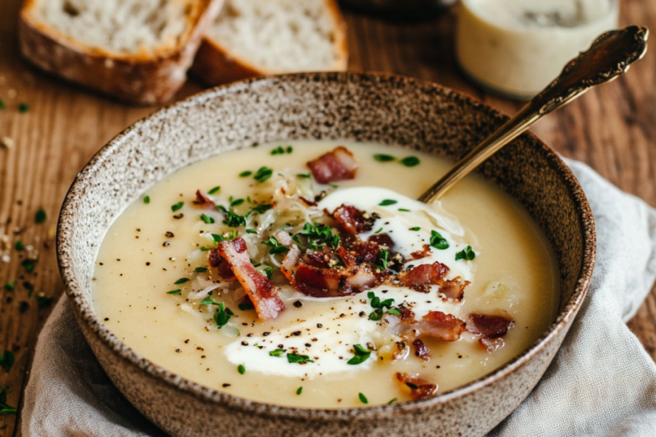 Fein pürierte Sauerkrautsuppe mit Sahnehaube und Speckwürfeln als herzhafte Wintermahlzeit