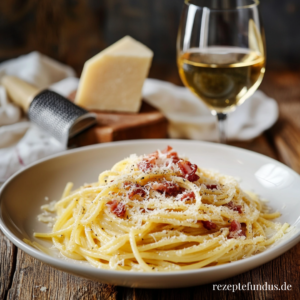 Authentische Spaghetti alla Carbonara auf einem Teller – Goldgelbe Spaghetti, umhüllt von cremiger Ei-Parmesan-Sauce, serviert mit knusprigem Speck und frisch gemahlenem schwarzem Pfeffer. Eine Gabel liegt bereit, während Parmesan und Pfeffermühle im Hintergrund die italienische Atmosphäre unterstreichen.