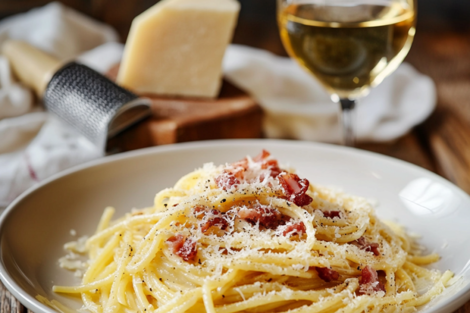 Authentische Spaghetti alla Carbonara auf einem Teller – Goldgelbe Spaghetti, umhüllt von cremiger Ei-Parmesan-Sauce, serviert mit knusprigem Speck und frisch gemahlenem schwarzem Pfeffer. Eine Gabel liegt bereit, während Parmesan und Pfeffermühle im Hintergrund die italienische Atmosphäre unterstreichen.