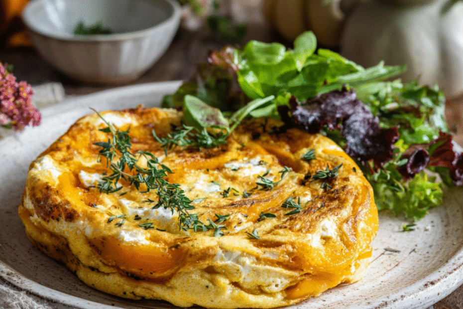 Goldene Kürbis-Tortilla mit Ziegenkäse aus dem Airfryer – als Snack oder gesundes Abendessen.