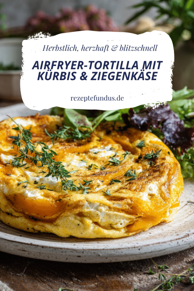 Herzhafte Airfryer-Tortilla mit Kürbis, Ziegenkäse und roten Zwiebeln – vegetarisch & eiweißreich serviert.